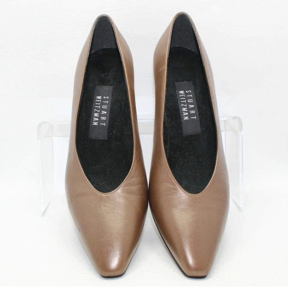 Vintage Stuart Weitzman Women Bronze Metallic Leather Chain Block Pumps 7.5B